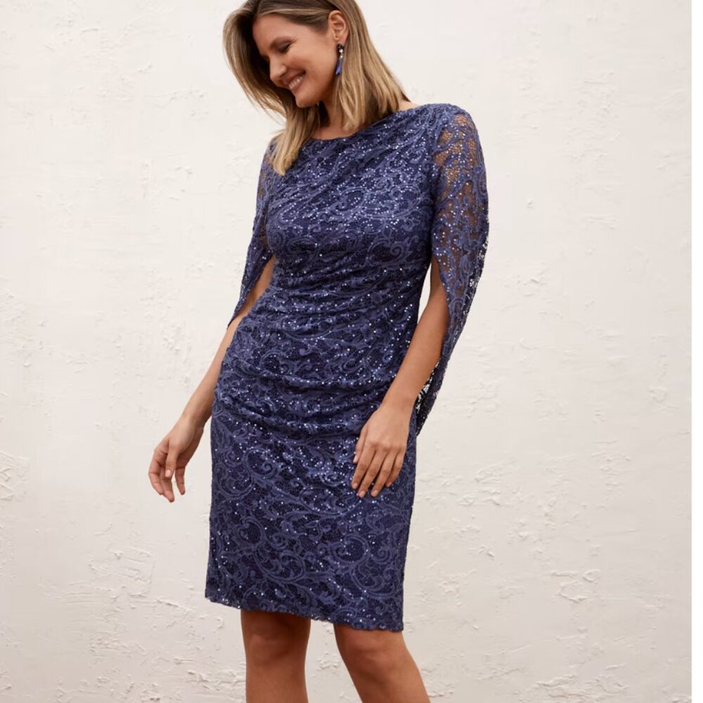 Lace w/sequin boat neck back drape sheath formal